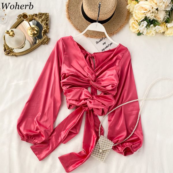 

woherb 2020 new satin blouse female bandage long sleeve hollow out blusas summer elegant shirts women streetwear, White