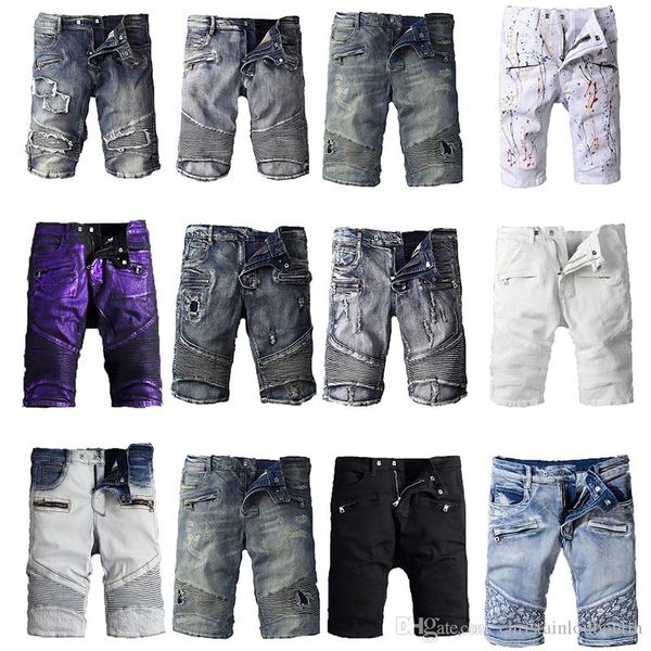 

classic balmain denim shorts ripped holes design jeans black casual spring hip hop rap street trousers pencil pants, Blue