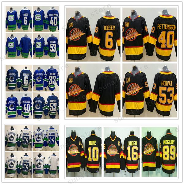 

vancouver canuck 40 elias pettersson 6 brock boeser 53 bo horvat 33 henrik sedin 10 pavel bure 89 alexander mogilny 16 trevor linden jerseys, Black;red