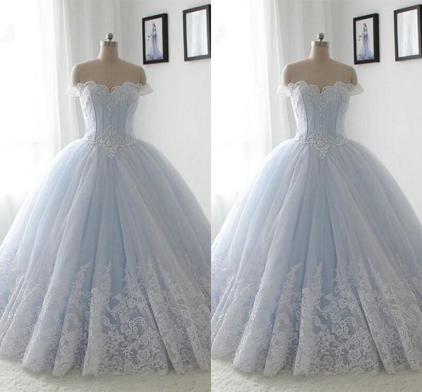 Hellhimmelblaues Ballkleid, Ballkleid, Abschlusskleid, 8. Klasse 2019, schulterfrei, Spitzenapplikation, gerüschtes Spitzen-Partykleid, süßes 16-Mädchen