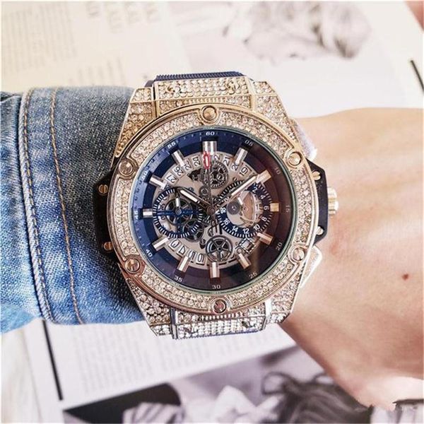 

men's fashion large dial quartz watches luxury men's fully functional quartz rhinestone diamond inlay clock dial quartz watches, Slivery;brown