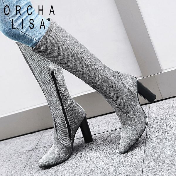 

orcha lisa winter pu leather knee boots woman bling knee long boots zipper high heels pointed toe mujer botas feminina c740, Black