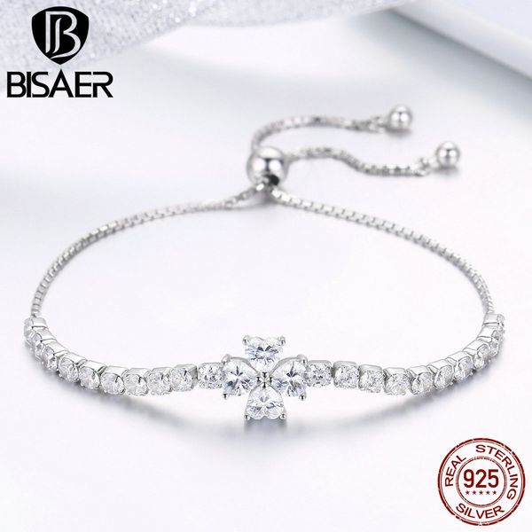 

bisaer 925 sterling silver clover flower tennis bracelets for women wedding bracelets femme sterling silver jewelry efb007, Golden;silver