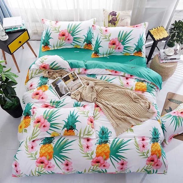 

bedding sets pineapple flowers soft bedclothes flat bed sheet set king  full twin size duvet cover linens-pillowcase