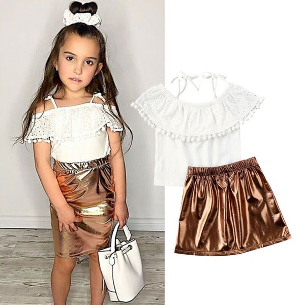 

2020 fashion 2pcs toddler kids baby girl ruffle pu leather skirt outfits clothes summer set 0-3t, White