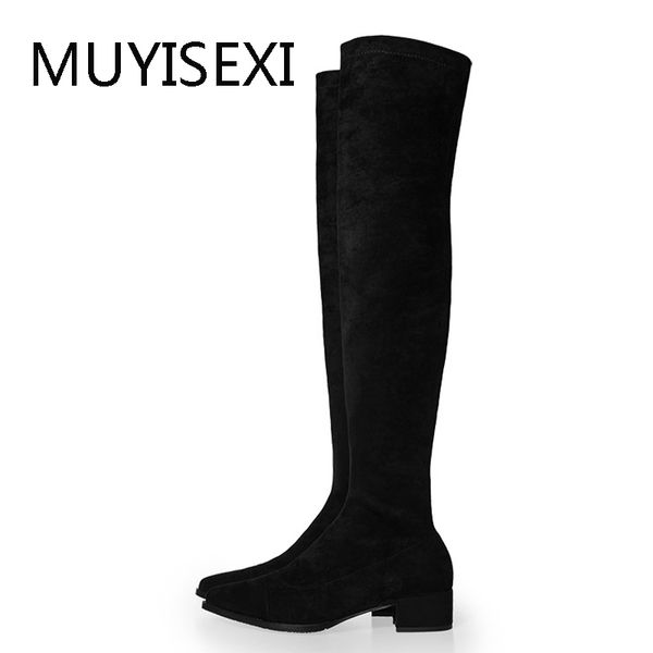 

over the knee boots black elastic flock thigh high boots pointed toe 4.5cm square heels women shoes plus size jd03 muyisexi