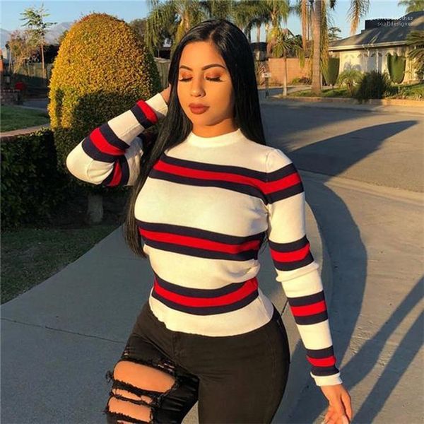 

slim panelled pullover crew neck womens tees casual females clothing stripe print womens designer tshirts fashion, White