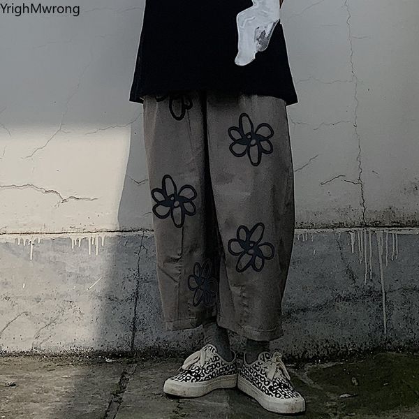 

summer high waist woman man streetwear korean flower print loose straight wide harem cargo pant harajuku ankle trouser japanese, Black;white