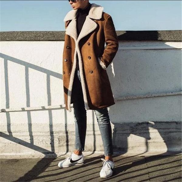 

winter mens jacket fashion thick warm fleece faux leather coats new double breasted mens coat, Black