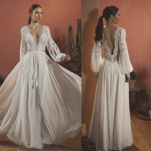 

урожай bohemian свадебные платья v шеи длинным рукавом кружева шифон свадебные платья 2020 длина sexy backless пола a-line свадебное платье, White