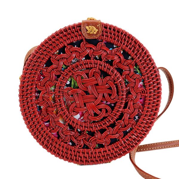 

auau-women handmade round beach shoulder bag circle straw bags summer woven rattan handbags women messenger bag