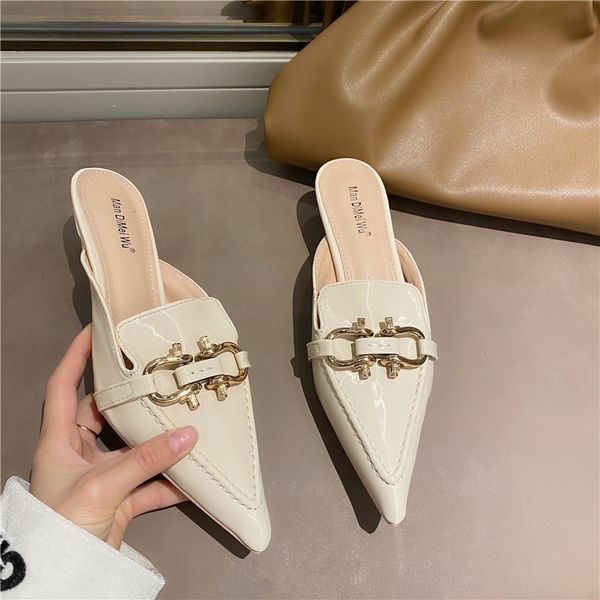 

rivet pu shoes thin heels heeled mules pointed toe cross-tied woman's slippers slides med high 2020 pumps rubber narrow band, Black