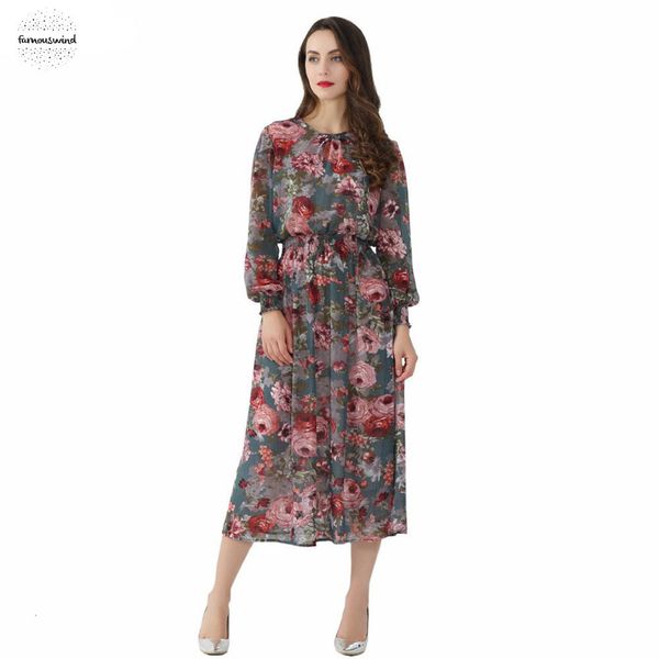 

floral casual dress two pieces set long sleeve elastic waist mid calf o neck chiffon brand dresses vestidos qz3200, Black;gray
