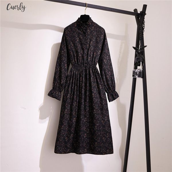 

spring autumn dress women floral standing collar long sleeven elastic waist button print midi vintage party dresses vestidos, Black;gray