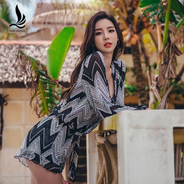 

sanqi bikini swimsuit women's bikini three-piece suit women's small chest gathered steel holder skirt blouse swimsuit, White;black