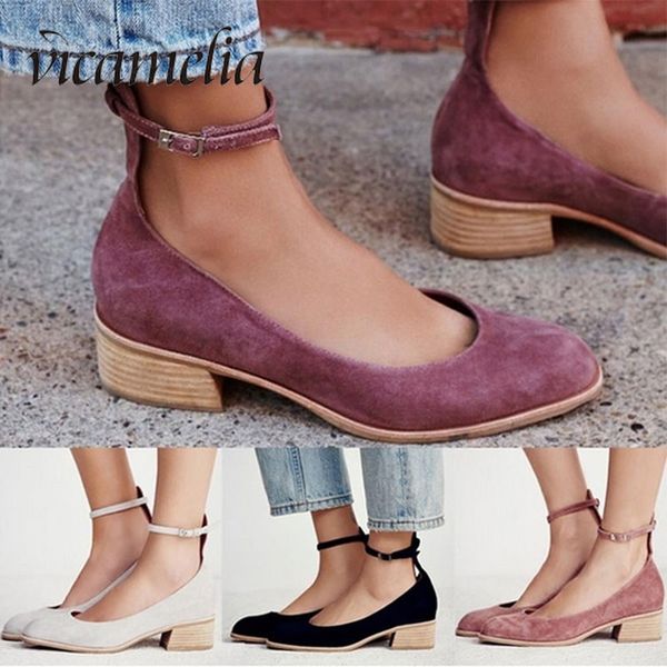 

vicamelia 2019 sandalias femeninas retro style mid high heels autumn flock pointed sandals women casual ankle strap pumps 304, Black;white