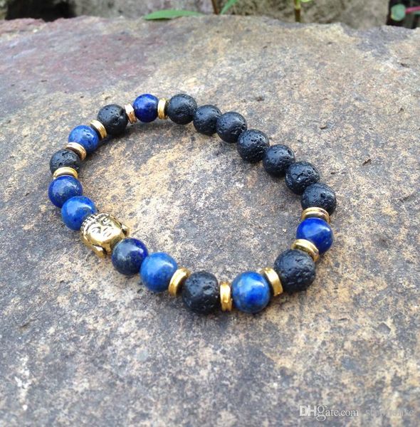 SN0370 Heißeste Männer Gold Armband Buddha Kopf Armband Lapis Lazuli Perlen Armbänder Mala Yoga Stein Perlenarmband