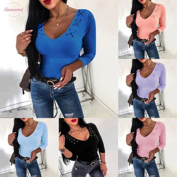 

2020 autumn and winter v neck solid color rope slim long sleeved t shirt casual neckline tie female t shirt, White