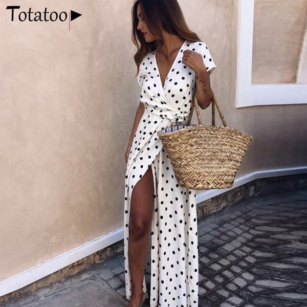 

totatoop polka dot v neck wrap long dress women high split summer beach maxi dress 2020 party chiffon white vestidos, Black;gray