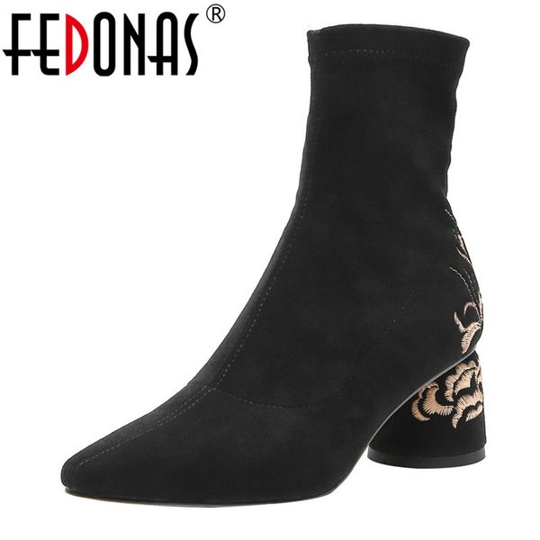 

fedonas women black elegant stretch fabric ankle boots prom winter high heeled warm boots embroider dancing shoes woman