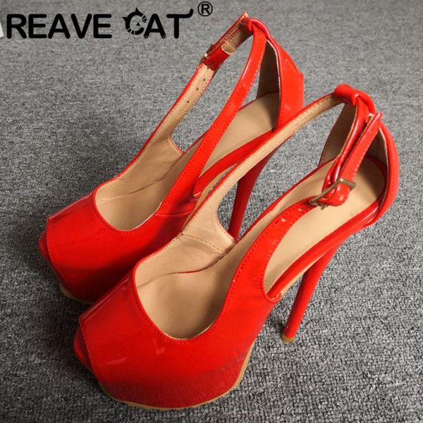 

reave cat 2020 spring summer customize sandals open toe 15.5cm thin high heels patent buckle platforms big size 35-47 a2820, Black