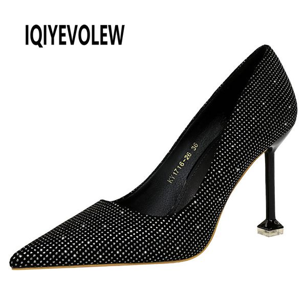 

fashion glitter rhinestones woman pumps stilettos high square heels point toes womens dress party wedding slip on high heels, Black
