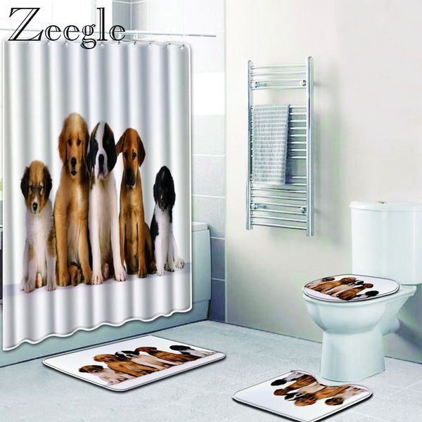 2019 Whole Dog Shower Curtains Bath Mat Set Polyester Waterproof Bathroom Curtain Anti Slip Decoration Toilet Pedestal Rug From