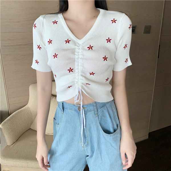 

women's sweaters clothing fashion brand summer temperament crop drawstring v-neck flower short sleeve sweet thin knitted sweater, White;black