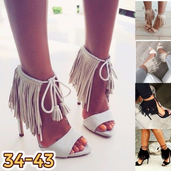

new summer pums for women shoes fashion straps 11 cm high heels tassel sandals female ladies ankle strap sandal, Black