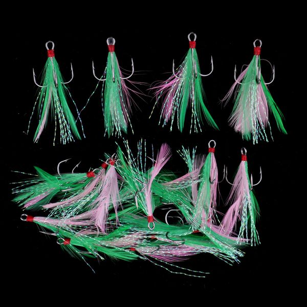 

20pcs durable feather fishing hooks treble barbed squid hook fly tying lures baits