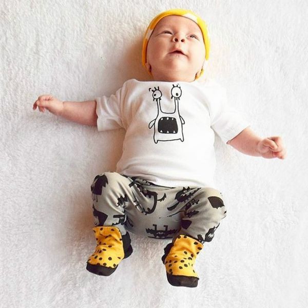 

new 2018 summer baby boy clothes cotton fashion printed short sleeves t-shirt+long pants baby boy clothing set infant 2pcs suit, White
