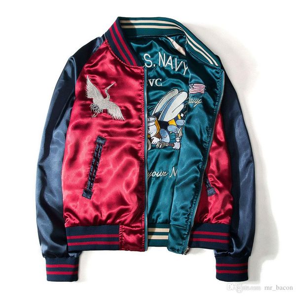 

japanese style printing designer bomber jackets mens new satin fabrics stand collar varsity coat jacket both-side wearable baseball jacket