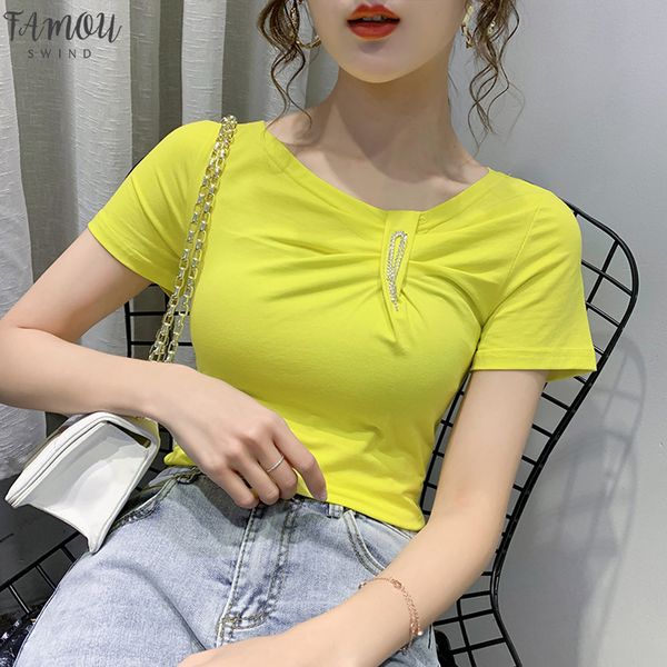 

2020 new summer v neck solid t shirt women cotton korean clothes slim short sleeve shirt camiseta mujer tees, White