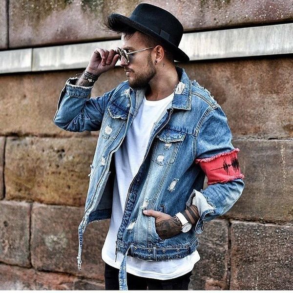 

zipper destroyed jeans flight jacket men ripped denim jackets hip hop overcoats, Black;brown