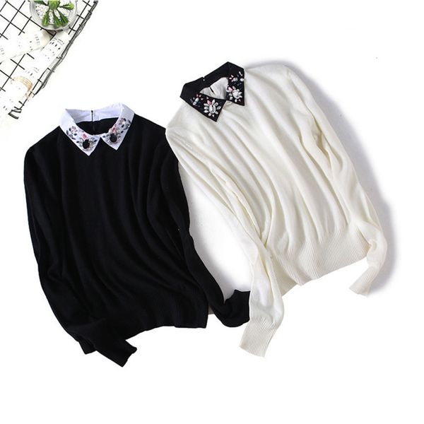 

womens designer sweater season temperament elegant and exquisite diamond contrast small lapel long sleeve pullover sweater, White;black