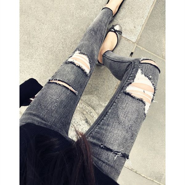

women high waist denim pants hole jeans elastic skinny jeans pencil pants casual smoke gray plus size trousers, Blue