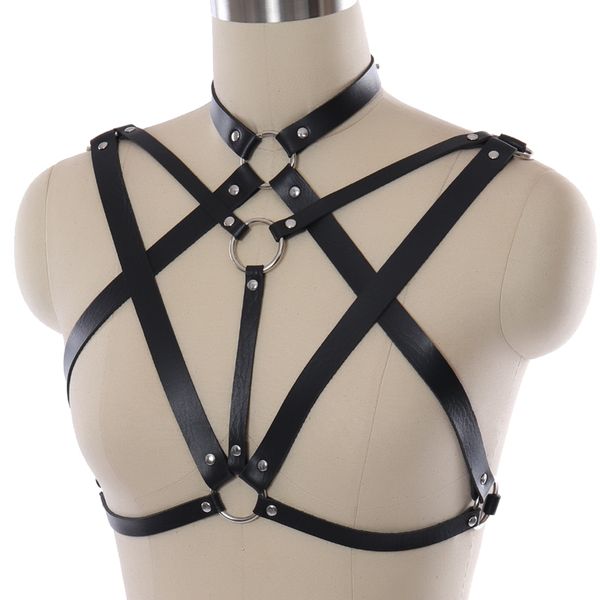 

women leather harness belt body bondage adjust cage bra lingerie harajuku goth dance party club party festival rave wear, Black;white