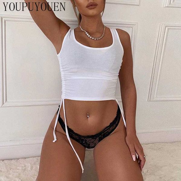 

women sleeveless ribbed tank fashion street wear drawstring slim 2020 summer new knit crop short tankruched white