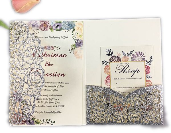 

drop shipping sample gold/white laser cut rose tri-fold wedding invitation cards personalized pocket invite customized rsvp