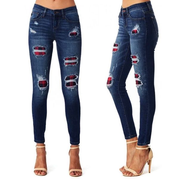 

кнопка женщины тонкий стрейч denim jean hole drawstring талии клеш джинсовые штаны рваные брюки женщина синий карандаш штаны, Blue