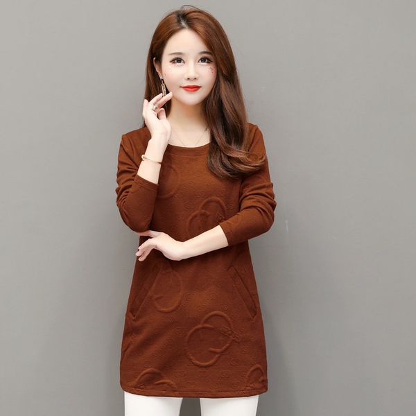 

woman casual blouse with pockets green red caramel stereoscopic pattern o-neck long sleeve bottoming shirts women autumn 4xl, White