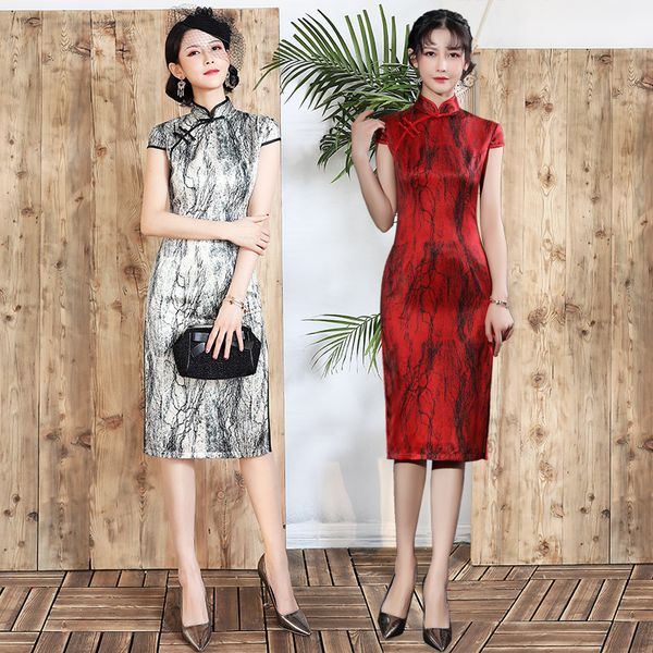 

plus size 4xl oriental design print women short cheongsam elegant high split chinese evening dress retro stage show qipao, Red