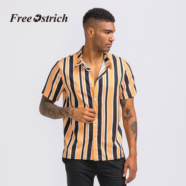 

ostrich 2020 new shirts mens striped printed chest pocket turn down collar short sleeve casual shirt feb26, White;black