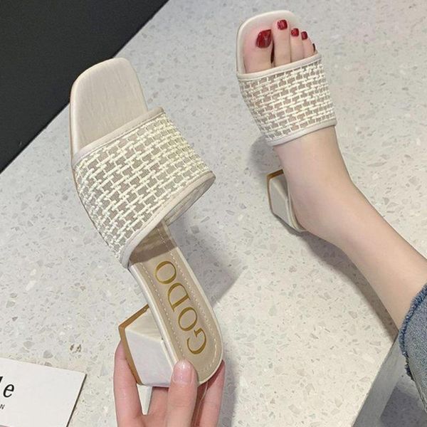 

women ladies fashion solid square heel mesh slip on sandals causal slipper shoes outsid ladies shoes, Black