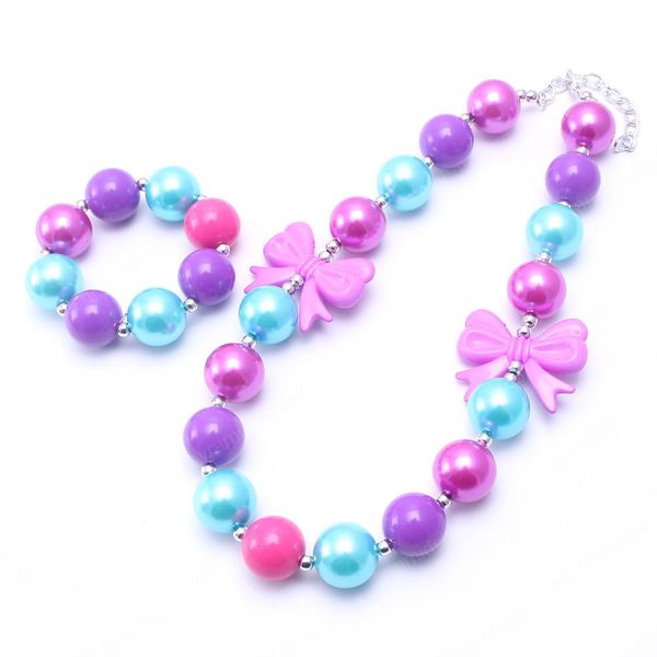

cute bow chunky beads necklace bracelets set baby girls fashion chunky jewelry set for child kids party gift, Red;brown