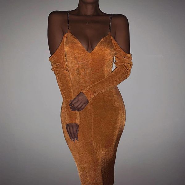 

casual dresses metal chain strap bodycon dress long sleeve off shoulder women midi autumn winter backless party, Black;gray