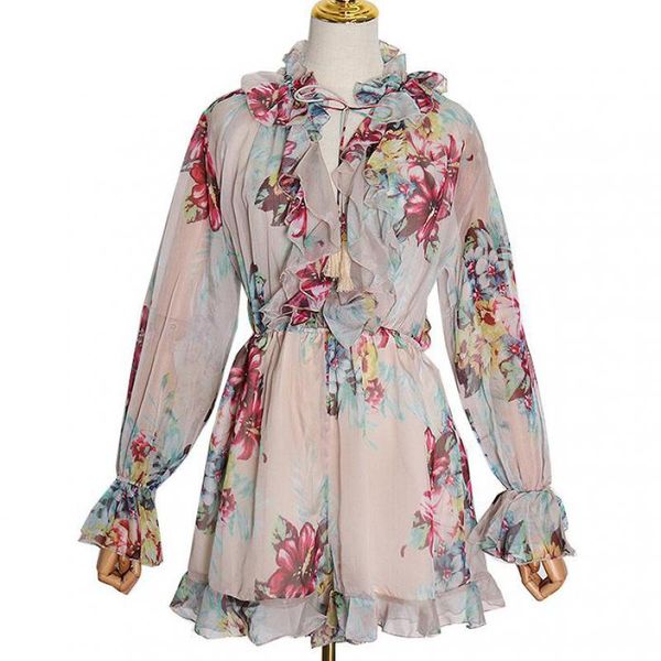

red roosarosee designer spring summer women 2020 floral print boho playsuits female holiday v neck flare sleeve jumpsuits, Black;white