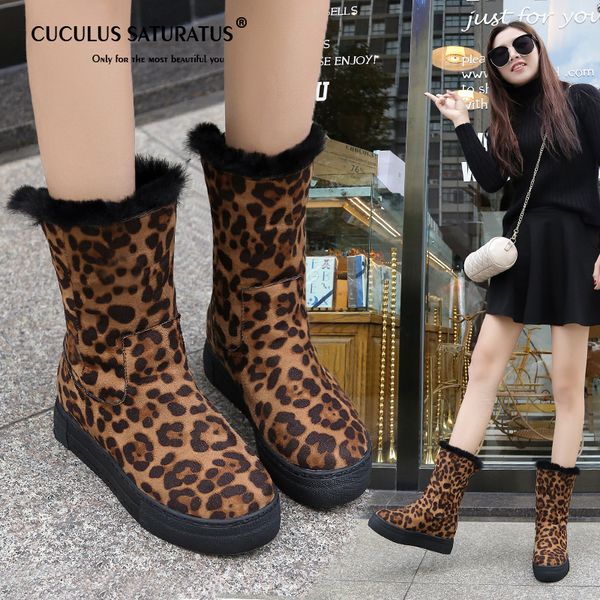 

cuculus 2019 leopard letters mid-calf women snow boots plush round toe winter female flats botas femininas de inverno 1995, Black