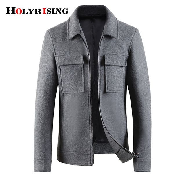 

holyrising luxury winter wool coats turn collar overcoats pockets casaco masculino zipper turn collar soft shorts coats 18954-5, Black