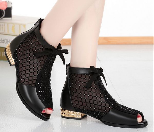 

высокое качество сетки лето boots женщина блестки рыбы рот сандалии rhinestone женщин сандалии платформы вскользь квадратный каблук sandal, Black